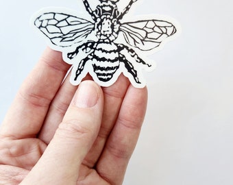 Bumblee Bee Sticker - Insect save the bees design - Waterproof Art Sticker - Linocut printmaking
