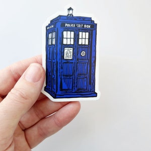 Tardis Sticker - Doctor Who fanart design- Waterproof Art Sticker - Linocut printmaking