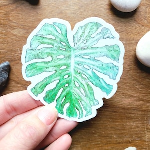 Large Monstera Leaf - Botanical Green Nature - Waterproof Watterbottle Art Sticker - Linocut printmaking