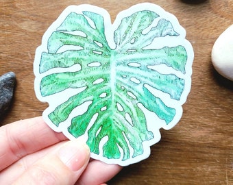 Large Monstera Leaf - Botanical Green Nature - Waterproof Watterbottle Art Sticker - Linocut printmaking