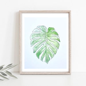 Light botanical print - single monstera leaf plant art print - Minimalist watercolor painting reproduction