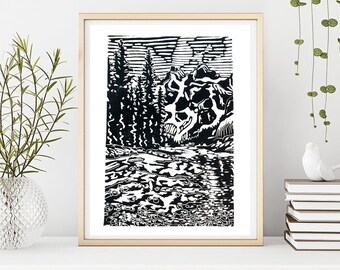 Yesterdays Mountain Print - Landscape rocky mountains design - Art print - Original Linocut printmaking