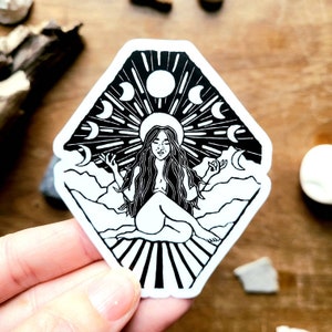 Full Moon Goddess - Astrology Yogi - Waterproof Watterbottle Art Sticker - Linocut printmaking