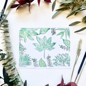 Botanical Green Print - Foliage flat lay watercolor painting - Reproduction print