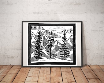 Three Trees Print- Nature abstract design mountains tree - Original linocut printmaking