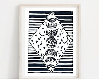 Celestial Moon Print- Ritual natural moon phase astrology design - Art print - Original Linocut printmaking