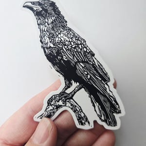 Peut inclure: Autocollant noir et blanc représentant un corbeau perché sur une branche. Le corbeau est détaillé, avec un design de style linogravure. L'autocollant a une bordure blanche et convient à diverses applications.