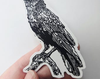 Raven bird Sticker - linocut blocks print - Waterproof Watterbottle Art Sticker