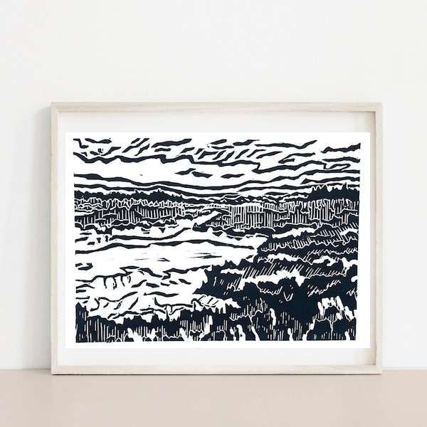 Memories Landscape Print - Nature landscape marsh abstract design - Art print - Original linocut printmaking
