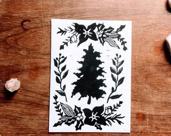 Christmas tree card - Pinecone nature duo - Art print - Linocut printmaking
