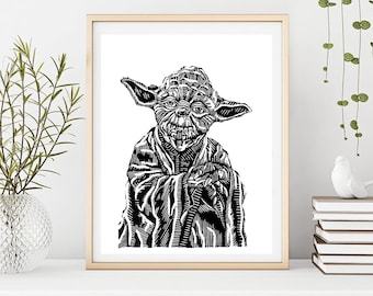 Yoda fanart print - Fan art portrait wise guy- Star wars - Art print - original linocut printmaking