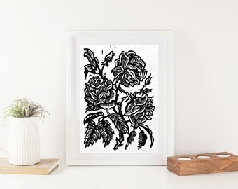 Tre rosor - Naturrosdesign Porträtt modernt - Minimalistiskt konsttryck - Original linoleumsnitt