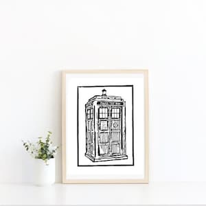 Tardis Print- Doctor Who fanart design art block print - Original minimalism linocut printmaking