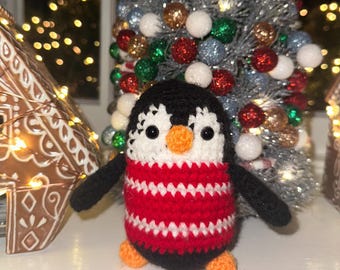 Handmade Crochet Christmas Penguin, Holiday Plush Decoration