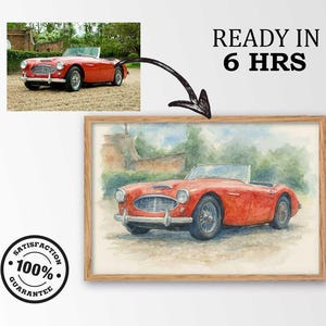 May include: A framed watercolor painting of a red vintage convertible car. The painting is in a wooden frame and includes the text "READY IN 6 HRS" and a "100% Satisfaction Guarantee" badge.