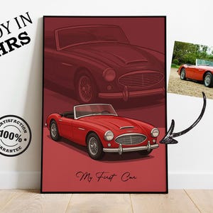 May include: Red vintage car art print with a classic car illustration. The print includes the text "My First Car" in a stylish font. A small photo of the car is also included.