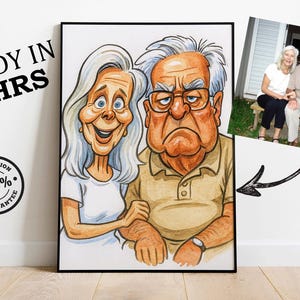 Puede incluir: Una caricatura enmarcada de una pareja de ancianos, con la mujer sonriendo y el hombre con una expresión seria. La obra de arte es de estilo caricaturesco, con una foto de la pareja en la esquina superior derecha. El texto dice "READY IN 6 HRS" y "SATISFACCIÓN 100% GARANTÍA".