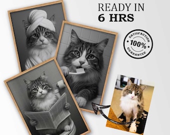 Funny Custom Cat Portrait | Cat Bathroom Art from Photo | Personalized Funny Cat Gift | Cat on Toilet | Cat Brushing Teeth | Bathtub Cat