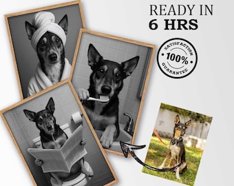 Funny Custom Pet Portrait | Dog Bathroom Art from Photo | Personalized Funny Dog Gift | Pet on Toilet | Dog Brushing Teeth | Bathtub Pet