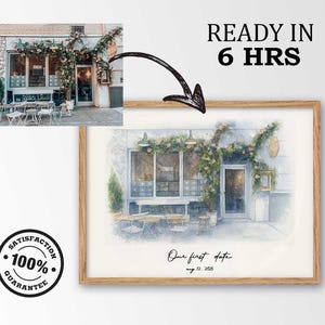 May include: Watercolor print of a cafe exterior with floral accents, tables, and chairs. The text "Our first date, aug 12, 2025" is written on the print. The frame is made of wood. The text "READY IN 6 HRS" is also visible.