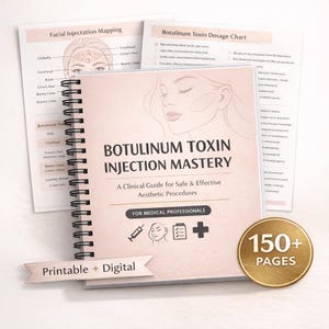 以下が含まれることがあります： 「Botulinum Toxin Injection Mastery」というタイトルの、スパイラル綴じの薄いピンク色の本。副題は「A Clinical Guide for Safe & Effective Aesthetic Procedures」。表紙にはイラストとテキストが描かれています。顔のマッピングと投与量チャートを示すページも含まれています。