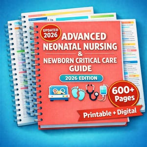 Puede incluir: Una guía roja con espiral titulada "ADVANCED NEONATAL NURSING & NEWBORN CRITICAL CARE GUIDE 2026 EDITION". La portada presenta iconos médicos y el texto "600+ Pages Printable + Digital". Se ven varios otros libros con espiral.