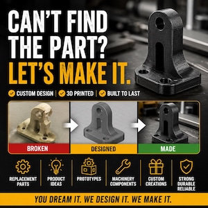 May include: A black 3D printed mechanical bracket with a vertical slot and circular mounting holes. The image features text: CAN'T FIND THE PART? LET'S MAKE IT. It shows a process from a broken original to a digital design and a finished part.