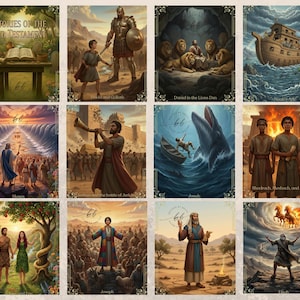 Op de afbeelding: Een verzameling van twaalf geïllustreerde kunstprints met scènes uit het Oude Testament. Elke print heeft levendige kleuren en gedetailleerde kunstwerken, met titels als "David en Goliath" en "De Ark van Noach". De prints zijn voorzien van decoratieve randen.