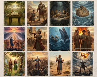 May include: A collection of twelve illustrated art prints depicting scenes from the Old Testament. Each print features vibrant colors and detailed artwork, with titles such as "David and Goliath" and "Noah's Ark". The prints are framed with decorative borders.