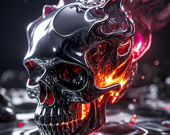 May include: A metallic skull with a glossy, reflective surface. The skull's interior glows with fiery orange and red hues, creating a striking contrast. The image has a dark, fluid-like background, enhancing the skull's dramatic appearance.