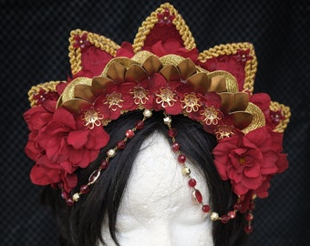 Handmade Red and Gold Floral Headpiece Royalty