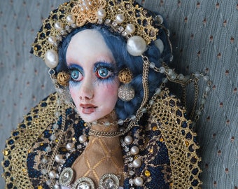 OOAK Queen handmade Art Doll Wall Piece "Zara" Blue and Gold