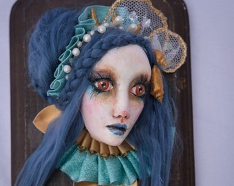 OOAK Handmade Wallpiece Mermaid Face Blue Hair