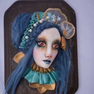 OOAK Handmade Wallpiece Mermaid Face Blue Hair image 1