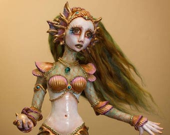 OOAK Handmade Mermaid Green and Gold Art Doll Sculpture by Majestic Thorns