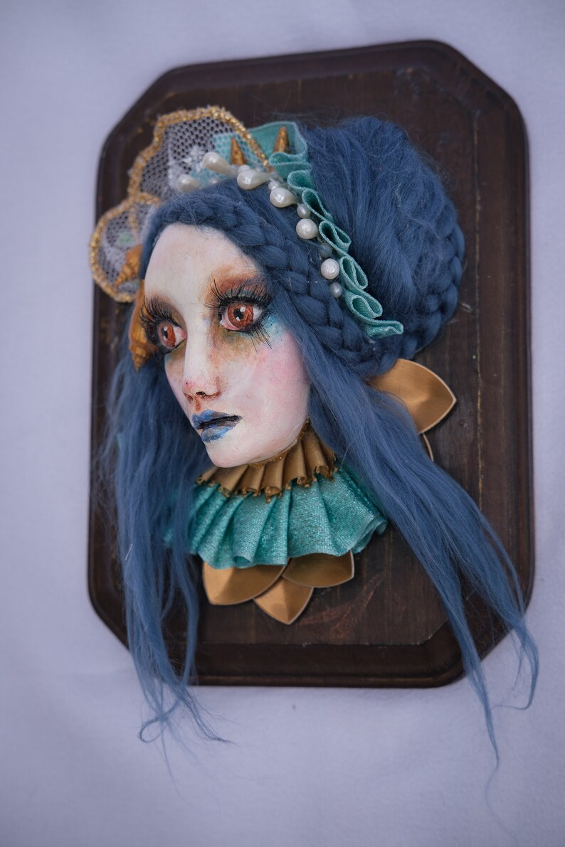 OOAK Handmade Wallpiece Mermaid Face Blue Hair image 4