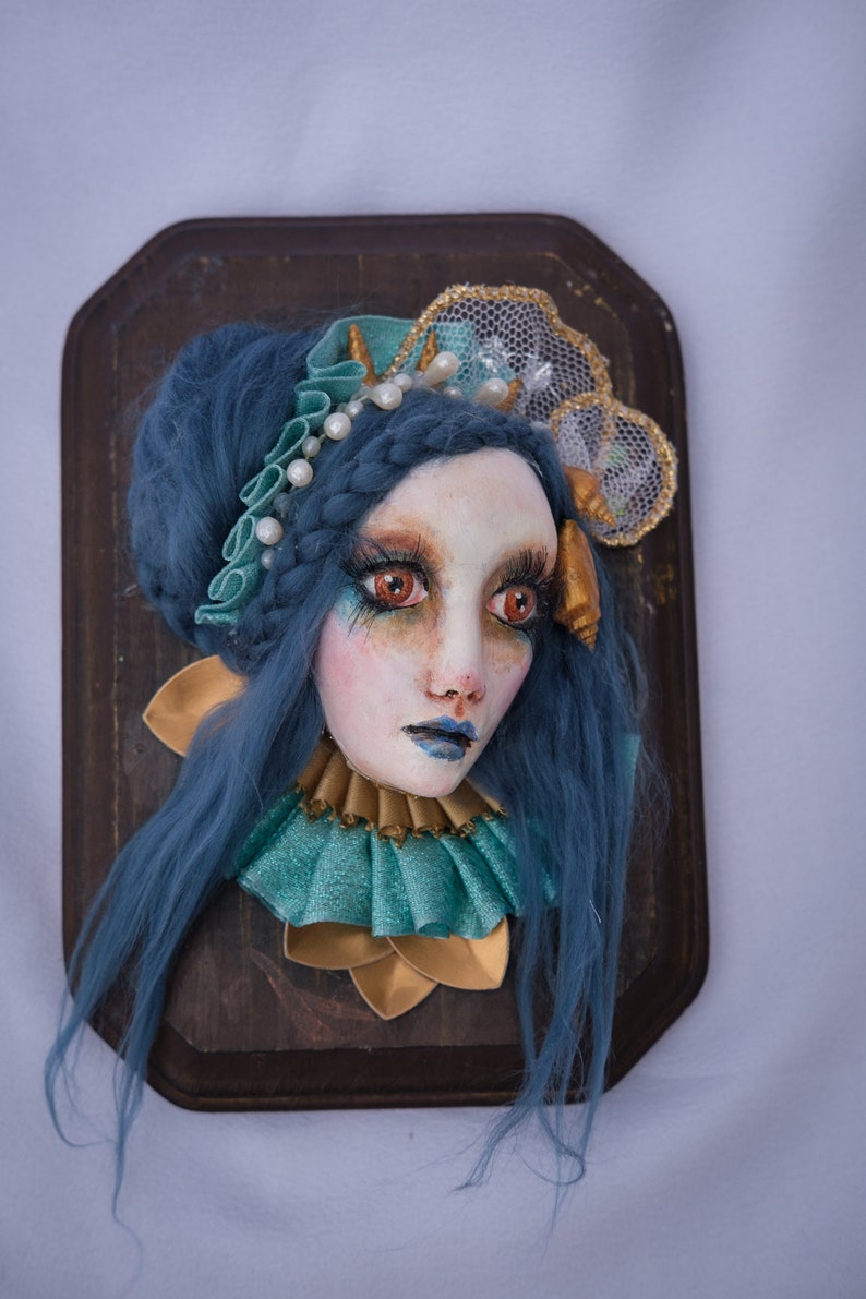 OOAK Handmade Wallpiece Mermaid Face Blue Hair image 3