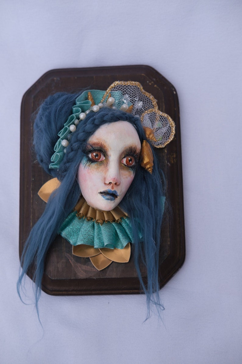 OOAK Handmade Wallpiece Mermaid Face Blue Hair image 2