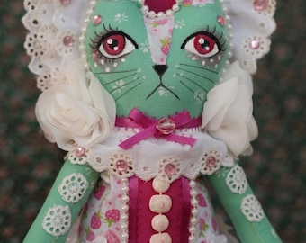 Ooak cloth cat art doll with bonnet  and strawberry dress