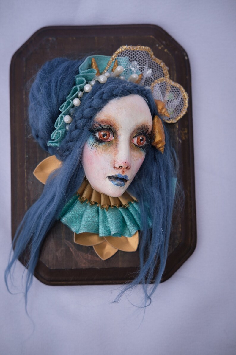 OOAK Handmade Wallpiece Mermaid Face Blue Hair image 1