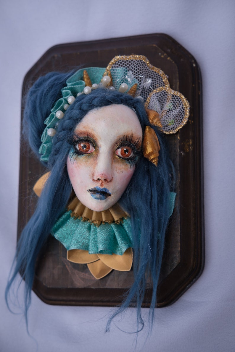 OOAK Handmade Wallpiece Mermaid Face Blue Hair image 5