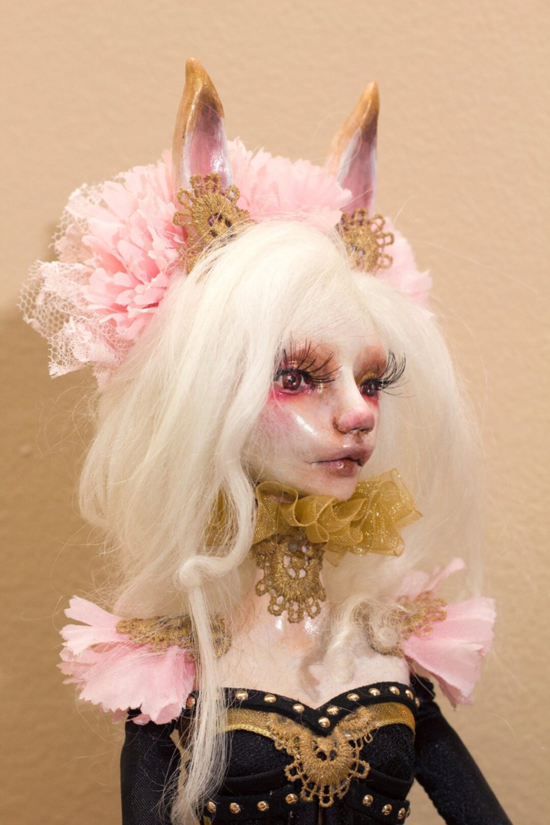 OOAK Rabbit Art Doll Black Gold and Pink - Etsy
