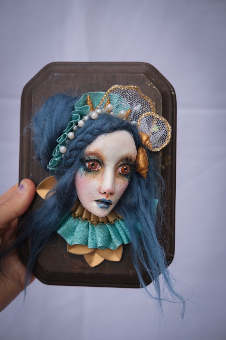 OOAK Handmade Wallpiece Mermaid Face Blue Hair image 9