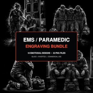 Puede incluir: Una colección digital de 16 diseños en blanco y negro con temática de servicios de emergencia y paramédicos, con ilustraciones de socorristas. El texto central dice EMS / PARAMEDIC ENGRAVING BUNDLE, 16 EMOTIONAL DESIGNS, 32 PNG FILES.