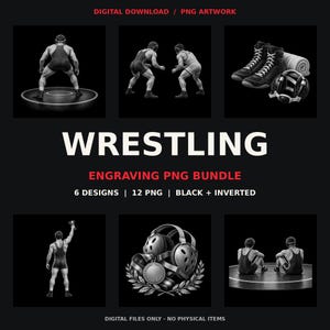 Może przedstawiać: Cyfrowy zestaw grafik PNG zatytułowany WRESTLING ENGRAVING PNG BUNDLE zawierający sześć wzorów zapaśników w trykotach, butach zapaśniczych, ochraniaczach głowy i medalach w czerni i bieli, łącznie 12 plików PNG.