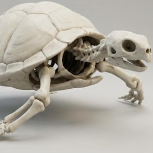 May include: A detailed, off-white turtle skeleton sculpture. The sculpture shows the complete skeletal structure, including the shell, skull, and limbs, with intricate bone details. The turtle is posed as if walking, showcasing the anatomical structure.