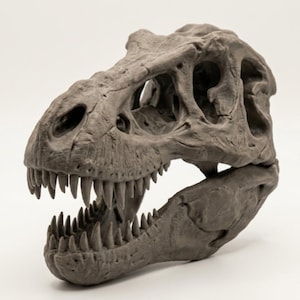 Puede incluir: Un cráneo de dinosaurio gris detallado con dientes afilados y cuencas oculares visibles. La réplica fosilizada presenta una superficie texturizada y está sobre un fondo blanco. El cráneo es una réplica de un Tyrannosaurus Rex.