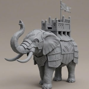 Pode incluir: Figura cinzenta e detalhada de um elefante carregando um castelo nas costas. O elefante tem presas grandes e é adornado com armadura. Uma bandeira ondula no topo do castelo, sugerindo um tema de fantasia ou histórico.