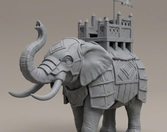 Puede incluir: Figura gris detallada de un elefante que lleva un castillo sobre su espalda. El elefante tiene grandes colmillos y está adornado con armadura. Una bandera ondea en la parte superior del castillo, sugiriendo un tema de fantasía o histórico.