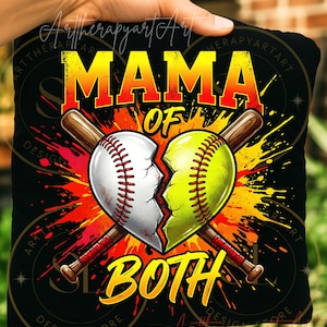 May include: Black pillow with a graphic design featuring a baseball and softball in the shape of a heart, split in two. The words "MAMA OF BOTH" are in yellow and red. Two crossed baseball bats are behind the heart.